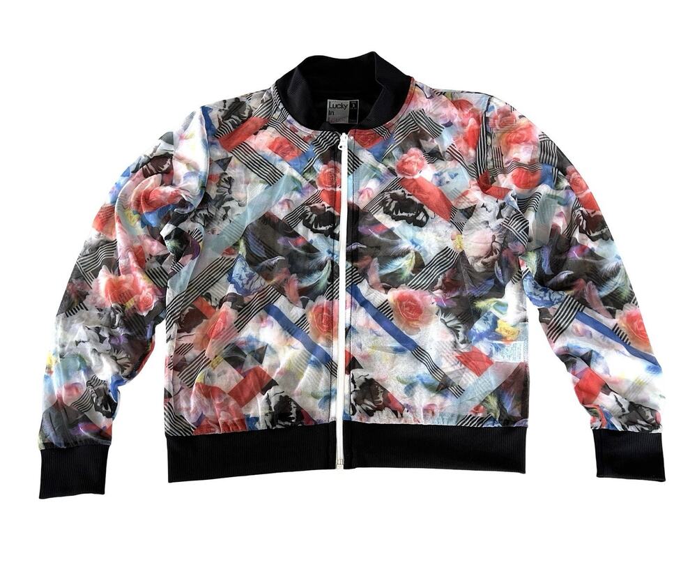 Lucky In Love Mesh Sheer Bomber Jacket Womens Size S Floral Tennis Golf Full Zip